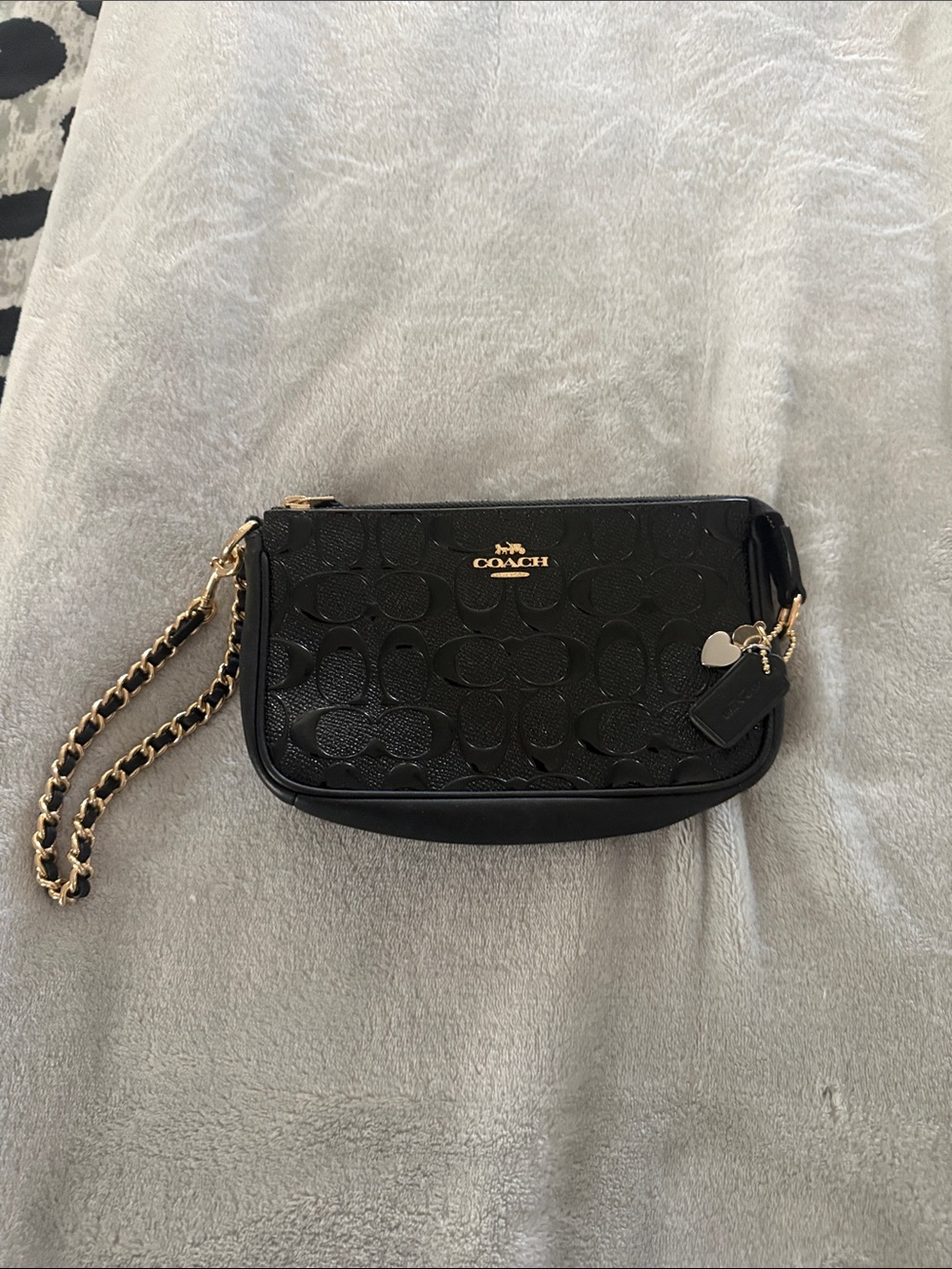 COACH Black Embossed Signature Chain Wristlet with Gold Hardware
